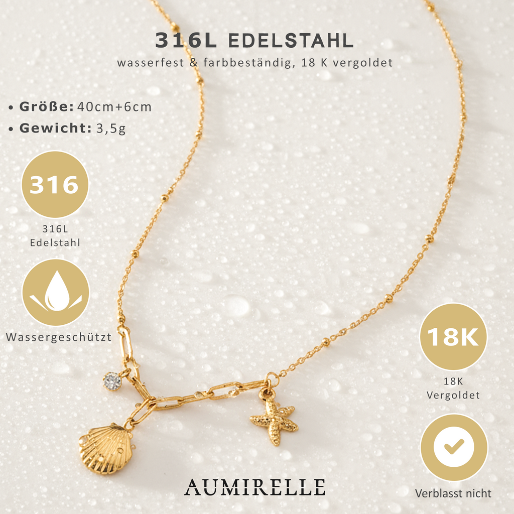 AUMlRELLE-Meereszauber Halskette Damen Gold - edelstahlkette damen, vergoldet & wasserfest -Muschel &Seestern Anhanger mit Zirkonia - 40+6 cm verstell