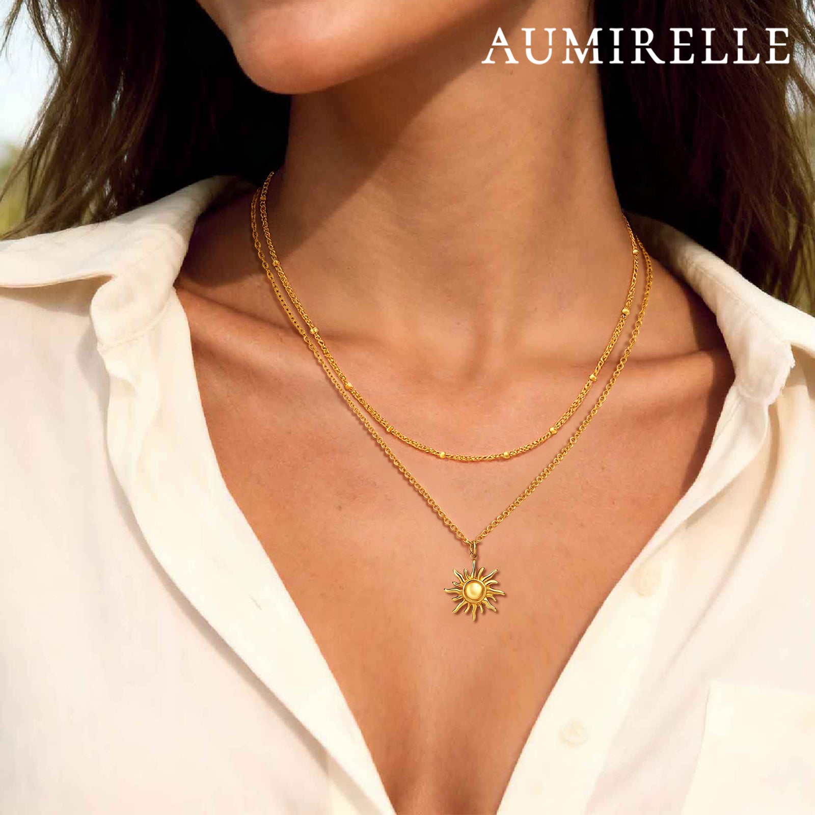 AUMIRELLE-Goldkette Damen, 2er Layering AUMIRELLE-Ketten Set aus Edelstahl, vergoldet, wasserfest & verstellbar – elegantes Geschenk für Frauen
