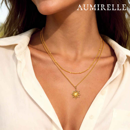AUMIRELLE-Goldkette Damen, 2er Layering AUMIRELLE-Ketten Set aus Edelstahl, vergoldet, wasserfest & verstellbar – elegantes Geschenk für Frauen