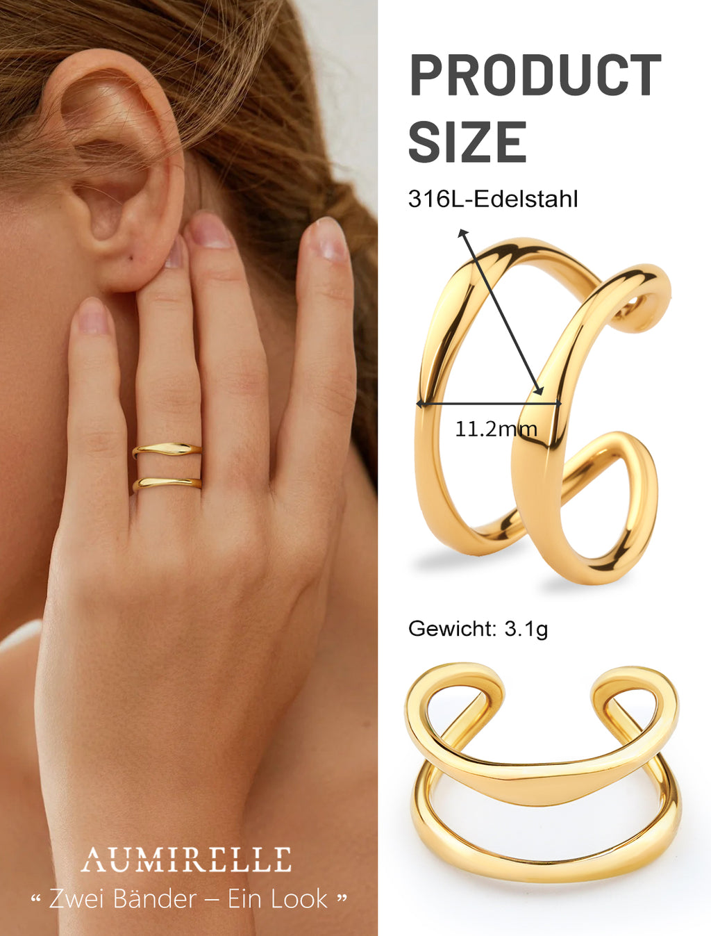 AUMIRELLE-Ring Gold Damen – Edelstahlring vergoldet, wasserfest & farbbeständig, Größe 52 oder 54 mm – Schmuck aus Edelstahl für Frauen