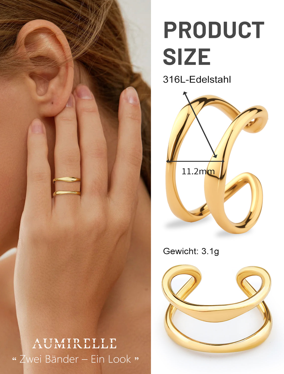 AUMIRELLE-Ring Gold Damen – Edelstahlring vergoldet, wasserfest & farbbeständig, Größe 52 oder 54 mm – Schmuck aus Edelstahl für Frauen