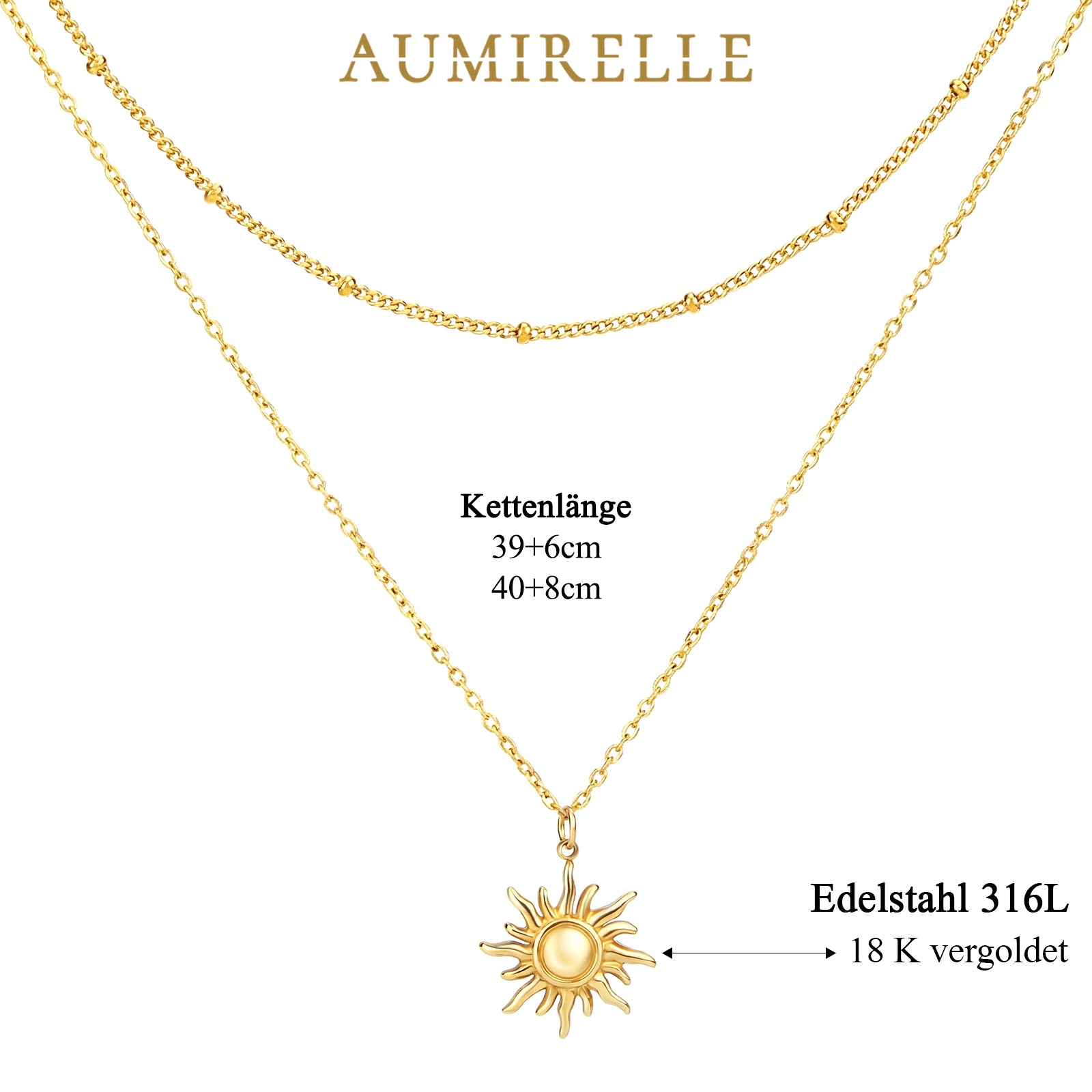 AUMIRELLE-Goldkette Damen, 2er Layering AUMIRELLE-Ketten Set aus Edelstahl, vergoldet, wasserfest & verstellbar – elegantes Geschenk für Frauen