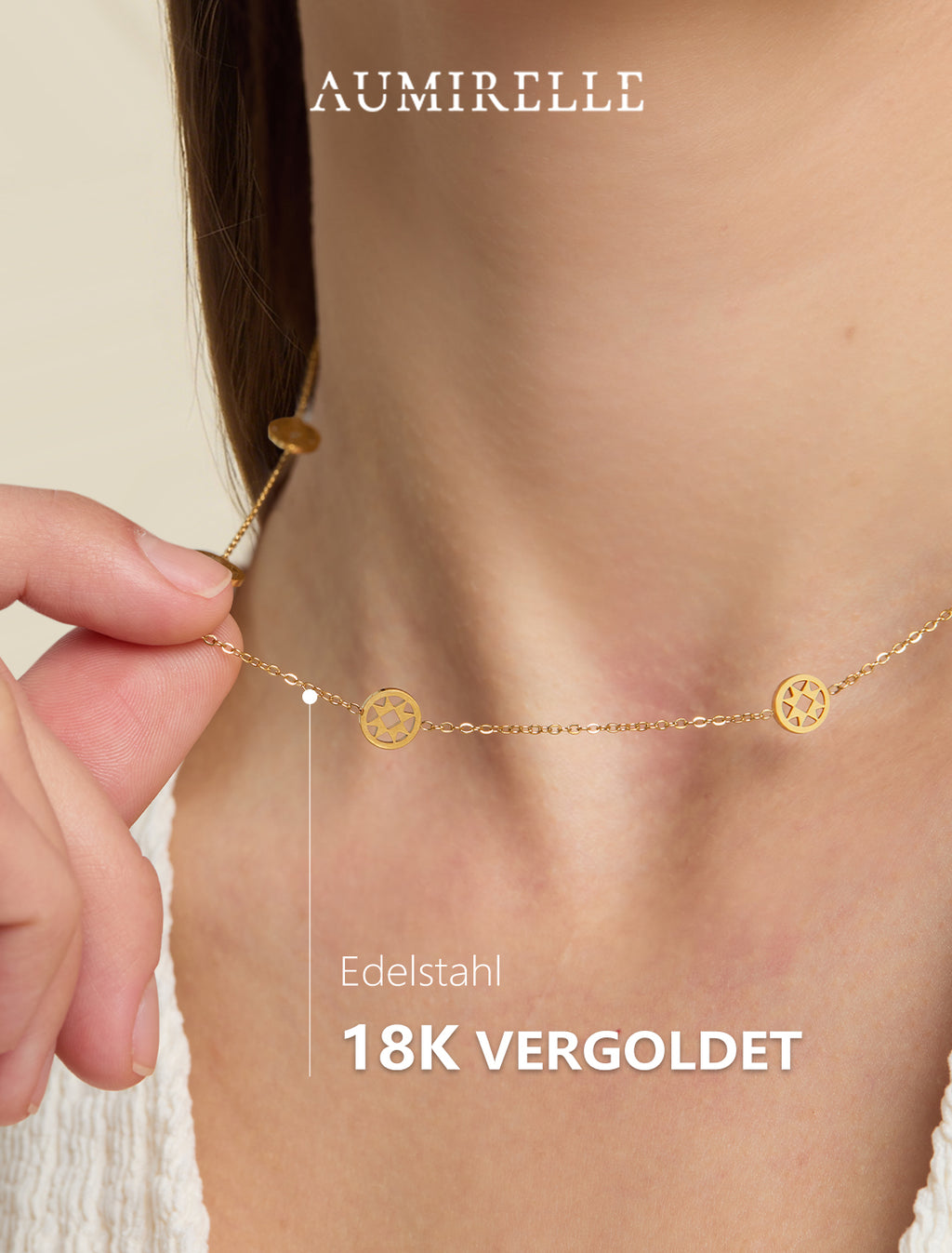 AUMIRELLE Kette Gold Damen – Halskette Damen Gold mit Sonnenmotiv, wasserfest, elegante Goldkette verstellbar 35+8 cm, Damenschmuck als Geschenk für Frauen