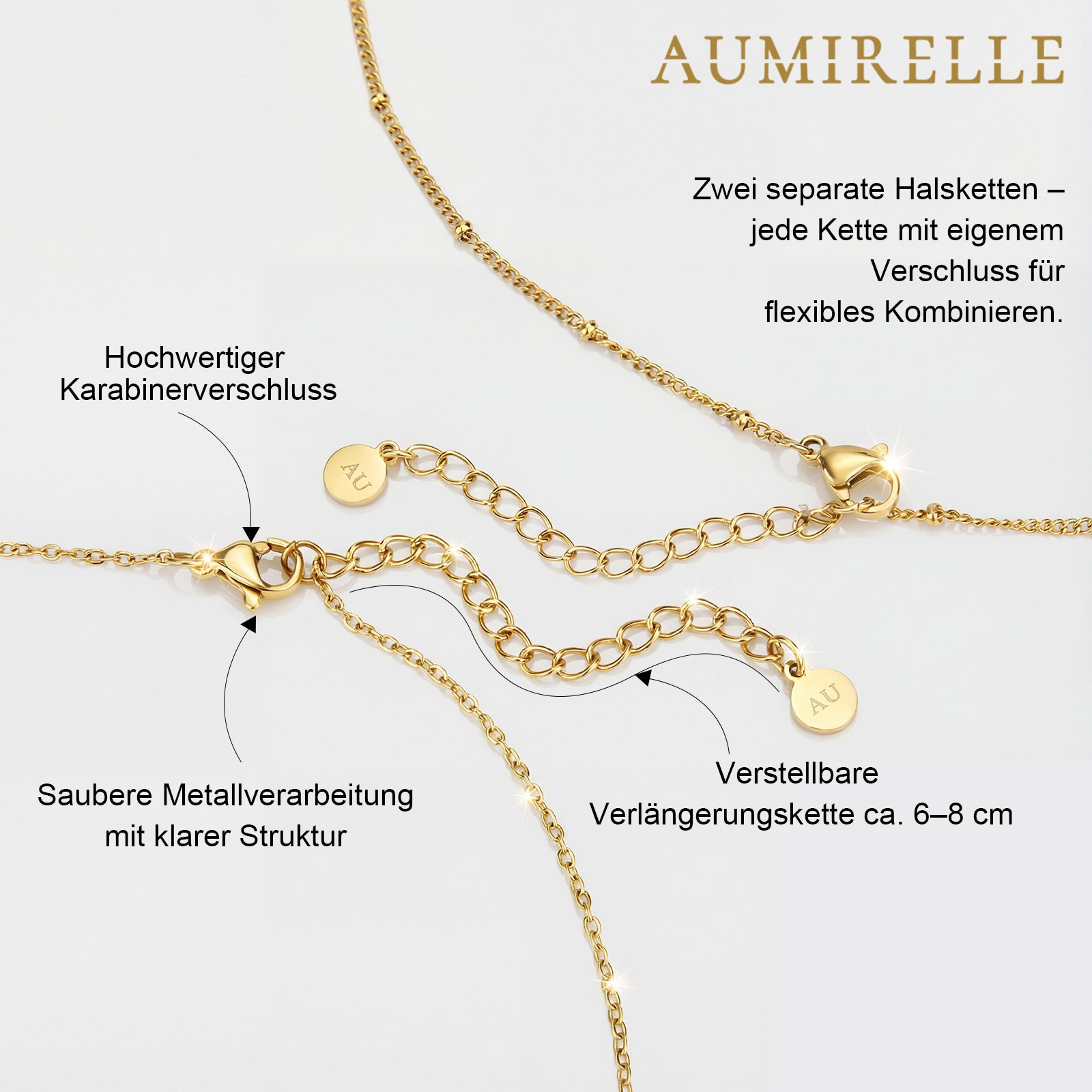 AUMIRELLE-Goldkette Damen, 2er Layering AUMIRELLE-Ketten Set aus Edelstahl, vergoldet, wasserfest & verstellbar – elegantes Geschenk für Frauen