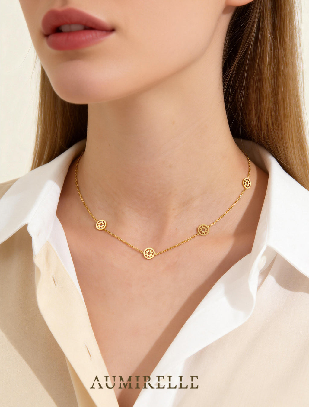 AUMIRELLE Kette Gold Damen – Halskette Damen Gold mit Sonnenmotiv, wasserfest, elegante Goldkette verstellbar 35+8 cm, Damenschmuck als Geschenk für Frauen