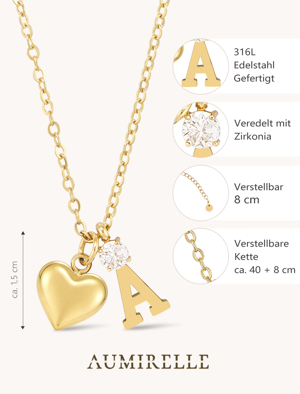 AUMIRELLE-Herz Buchstaben Kette Gold Damen – Goldkette Damen wasserfest aus Edelstahl, verstellbar 40+8 cm – Mit elegantem Herzanhänger & Zirkonia-Buchstabenanhänger – Geschenk für Frauen